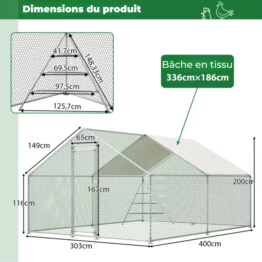 Enclos poulailler quinze poules taille